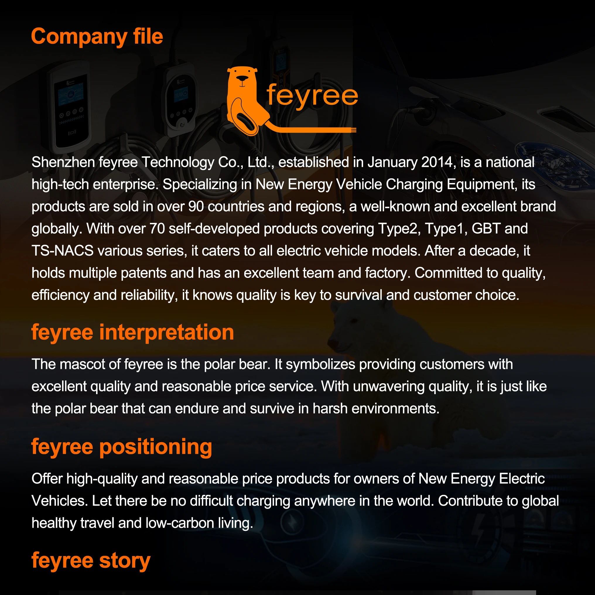 Image detailing the company's file, high-tech specialization in New Energy Vehicle Charging Equipment, polar bear mascot, and commitment to global quality EV charging solutions.