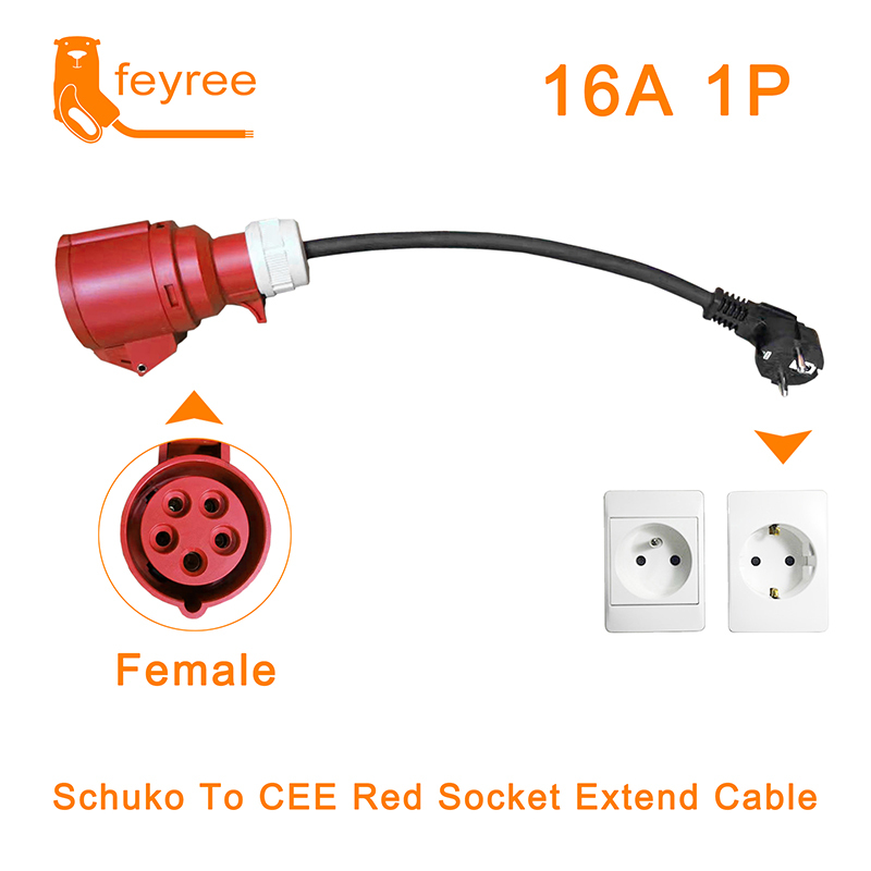 Schuko to CEE Red socket extend cable, 16A 1P adapter for safe, portable single phase EV charging.