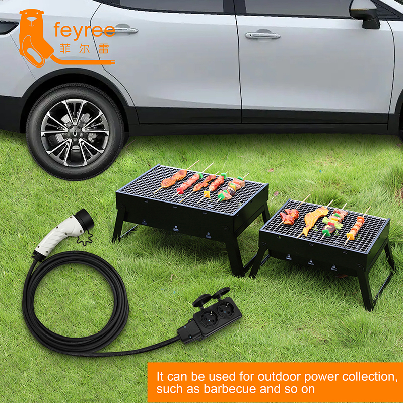 Portable EV adapter cable with Type 2 plug, providing reliable outdoor power for tailgating, camping, and barbecue.