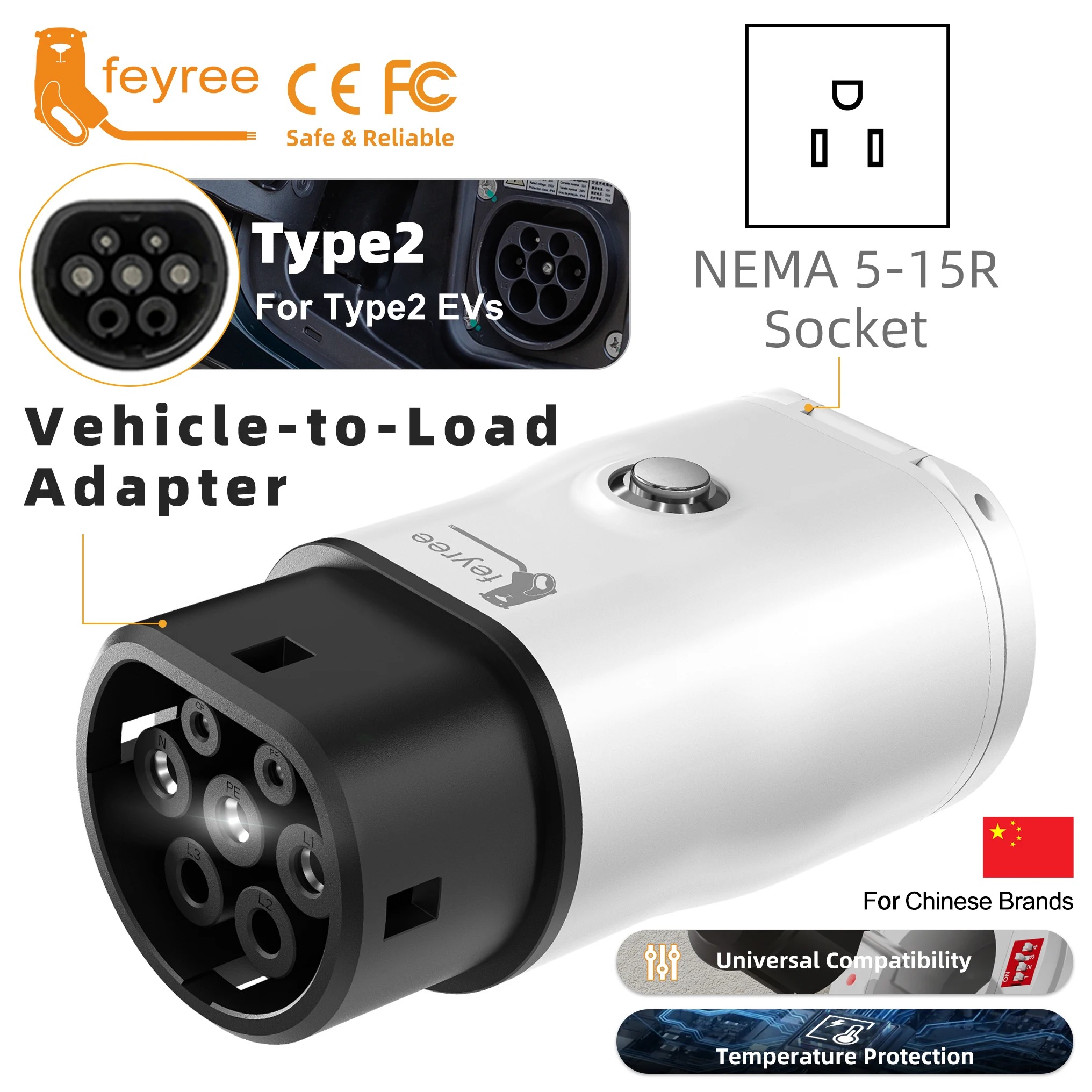 
A vehicle-to-load (V2L) power adapter that connects to your electric car's Type 2 charging port, providing a standard NEMA 5-15R outlet. This EV accessory allows you to use your car as a portable power source for appliances, tools, and electronics, perfect for camping trips or emergency situations.