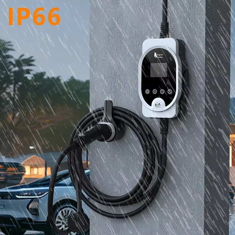 
Durable IP66 waterproof EV charger designed for reliable outdoor charging in all weather conditions. The image shows the wall-mounted unit and its organized cable holder during a rainstorm, highlighting its robust, weatherproof design.