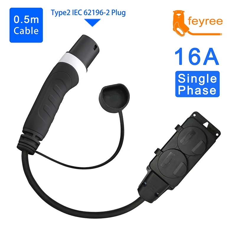 16A Single Phase Type 2 EV charging adapter with a short 0.5m cable for convenient, safe public charging on the go.