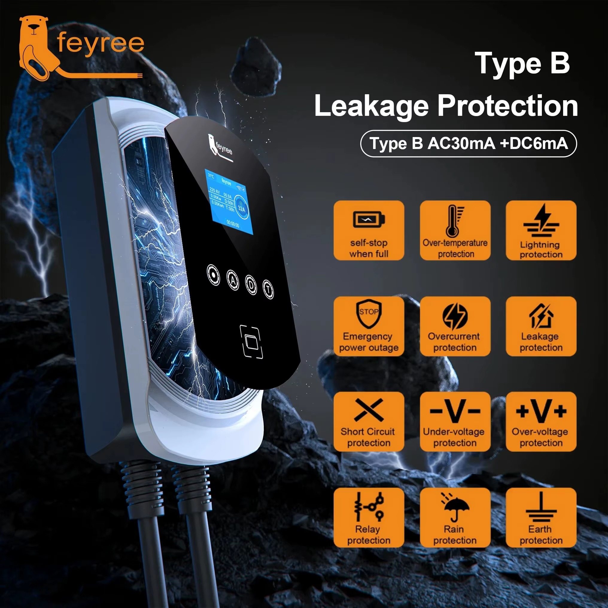 Feyree EV Charger GB/T Socket 32A 3Phase 22kW Fast Charging EVSE Wallbox Load Balance Function AC Home Charging for Electric Car