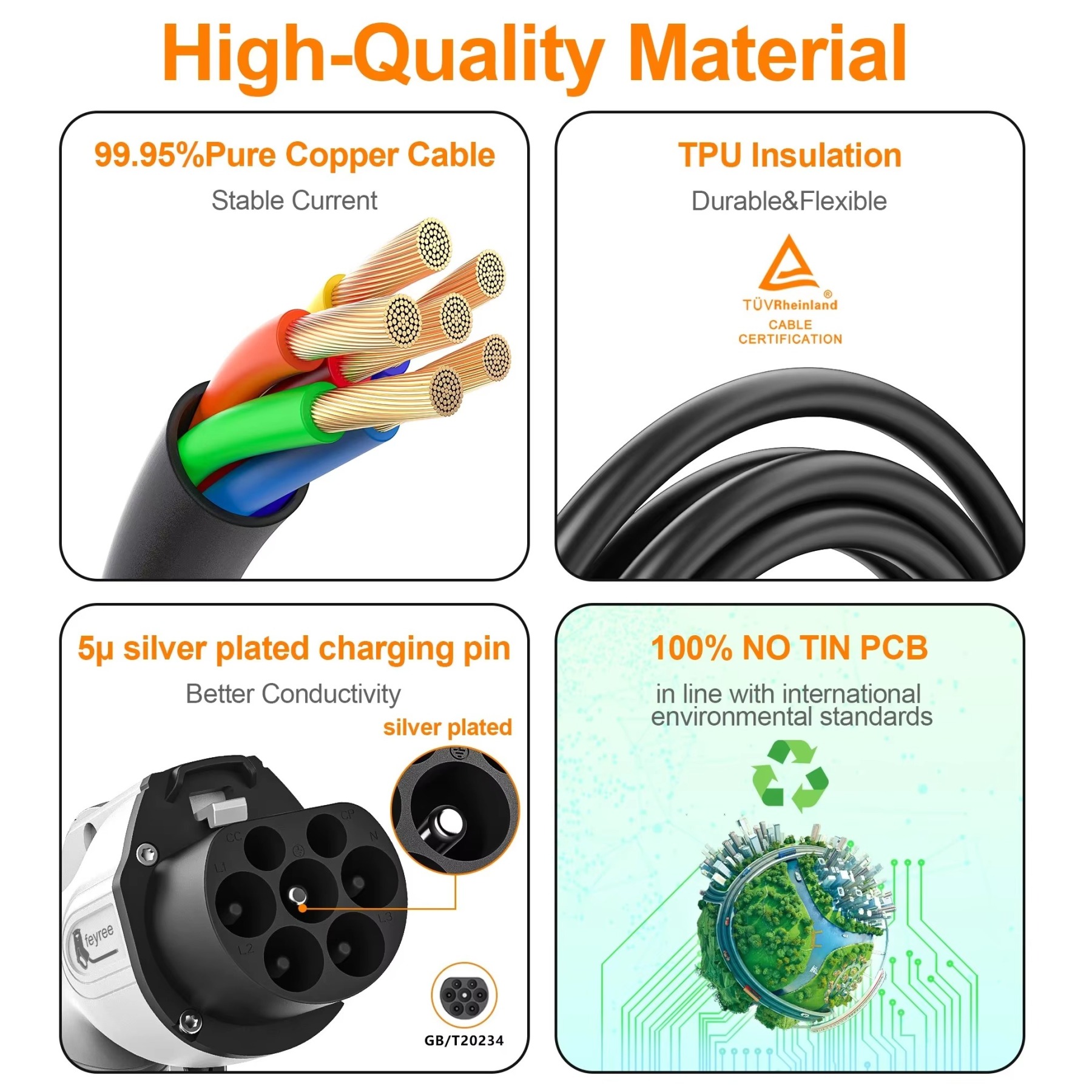 A close-up of the EV charger's plug shows silver-plated charging pins and a 100% NO TIN PCB