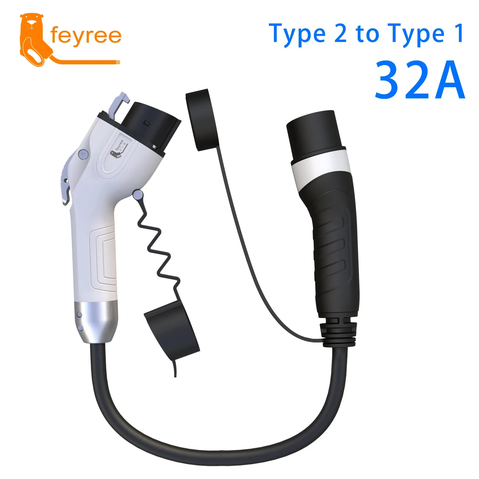 High-power 32A Type 2 to Type 1 EV charging adapter for faster compatibility with most public stations.