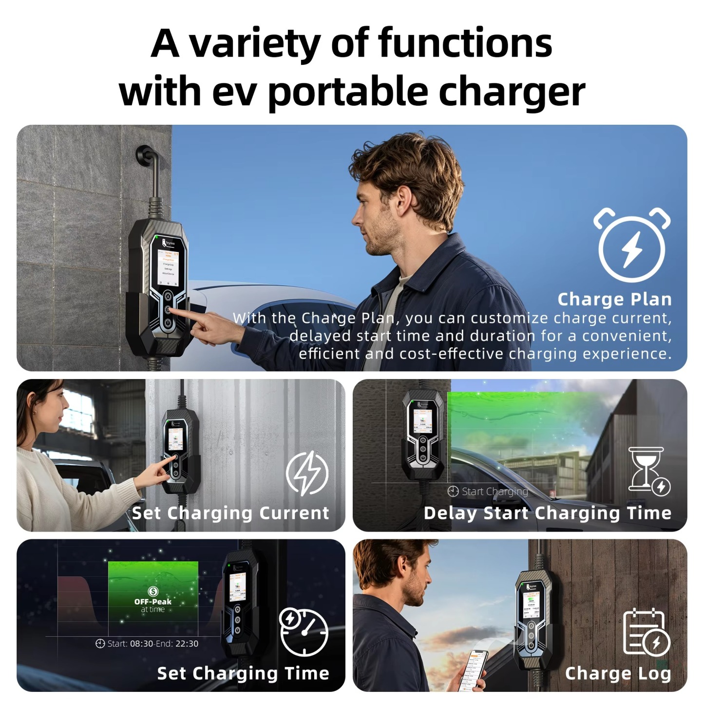 Feyree 3.5kW Portable EV Charger Type 2/Type 1/ GBT/ TS-NACS Plug Smart WIFI APP Control Charging Log & OTA Upgrade with Triple Over-temp protection
