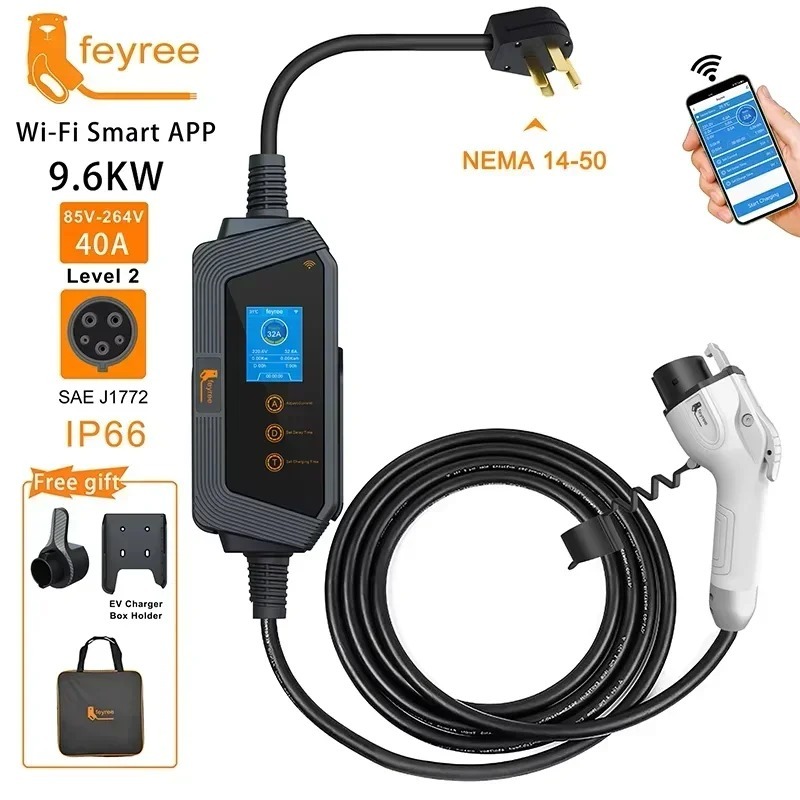 feyree Hero Type1 EV Charger : Intelligent Energy Management 7KW - 32A J1772 Portable WiFi/Bluetooth Charging Station (5m)