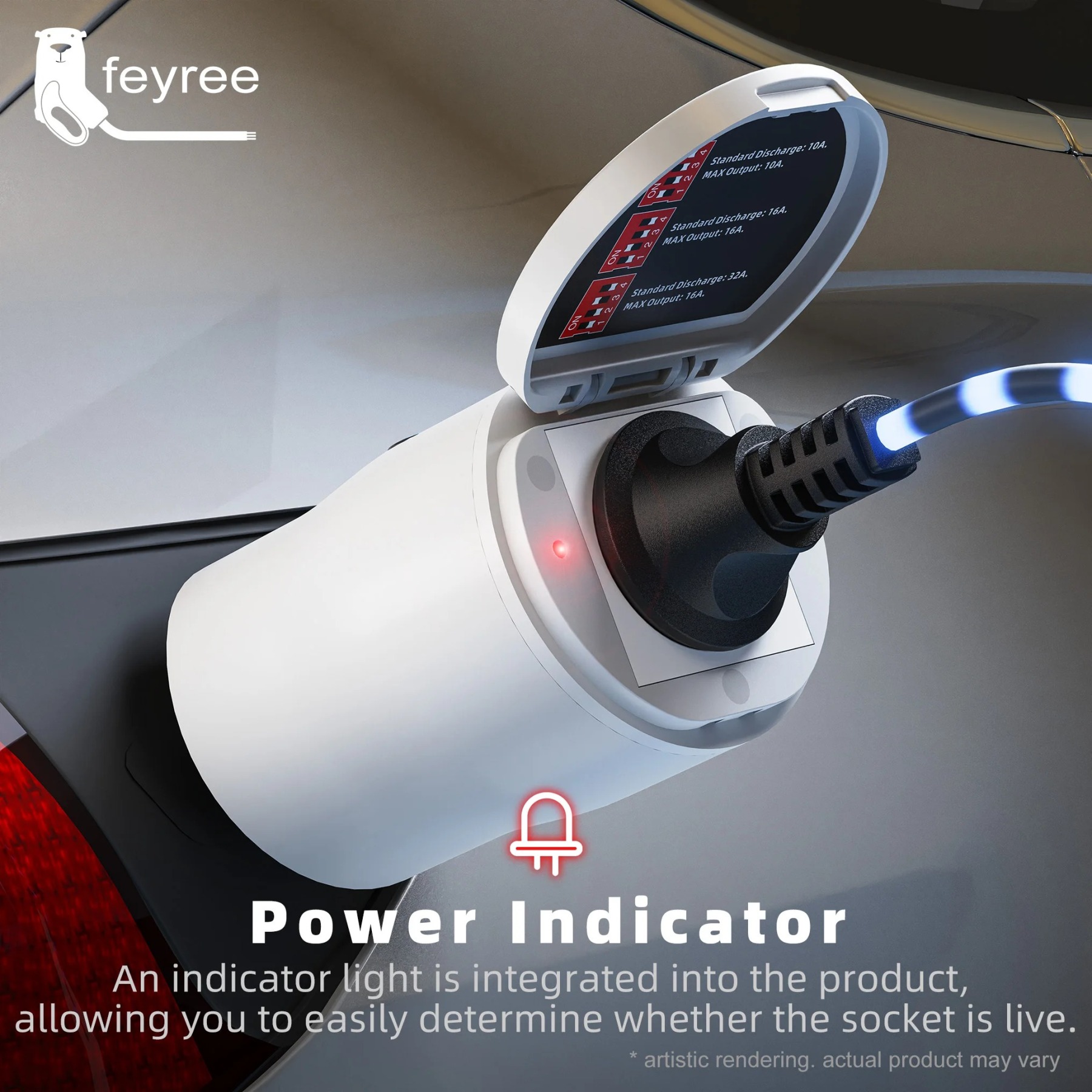 feyree GB/T EV Discharge Adapter with Temp Protection & Power Light - Adjustable Switch for Chinese EV Cars V2L for Camping Use