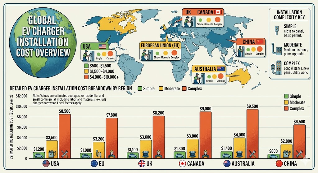 Global EV charger hardware cost infographic comparing Basic, Smart, and High-Power units across the USA, EU, UK, Canada, Australia, and China, featuring a color-coded map and bar chart.