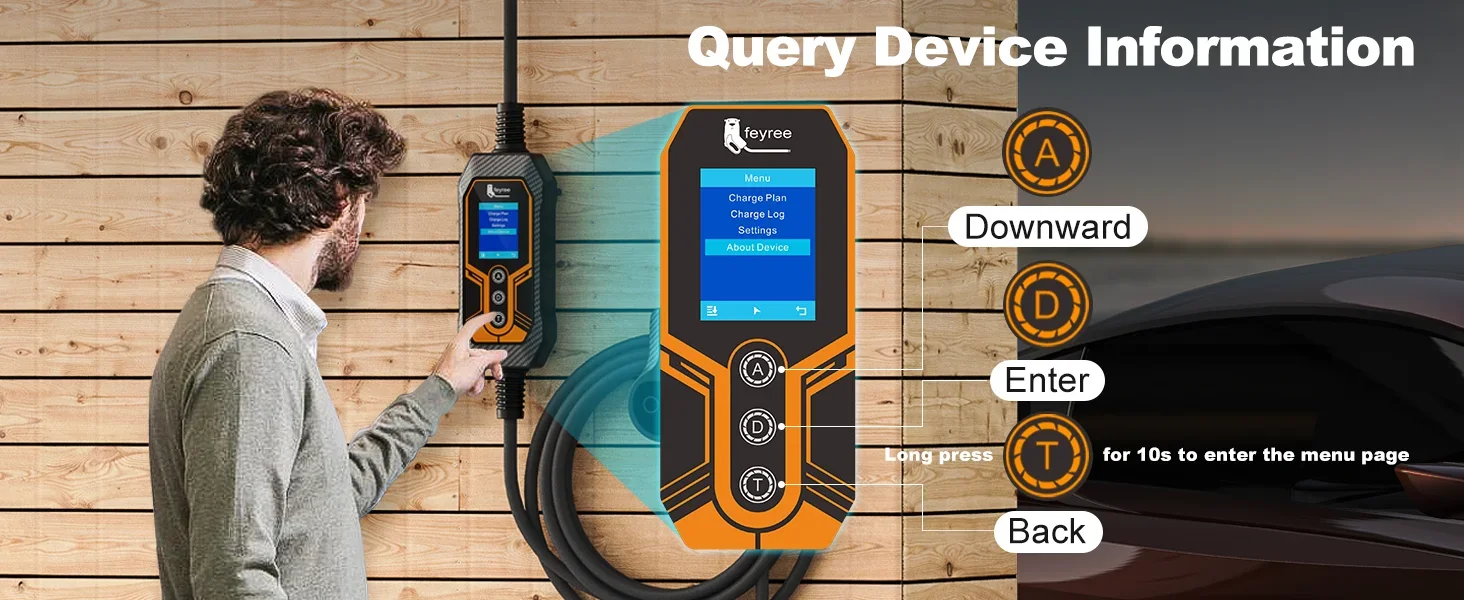 Graphic illustrating the EV charger's smart LCD display and button functions.