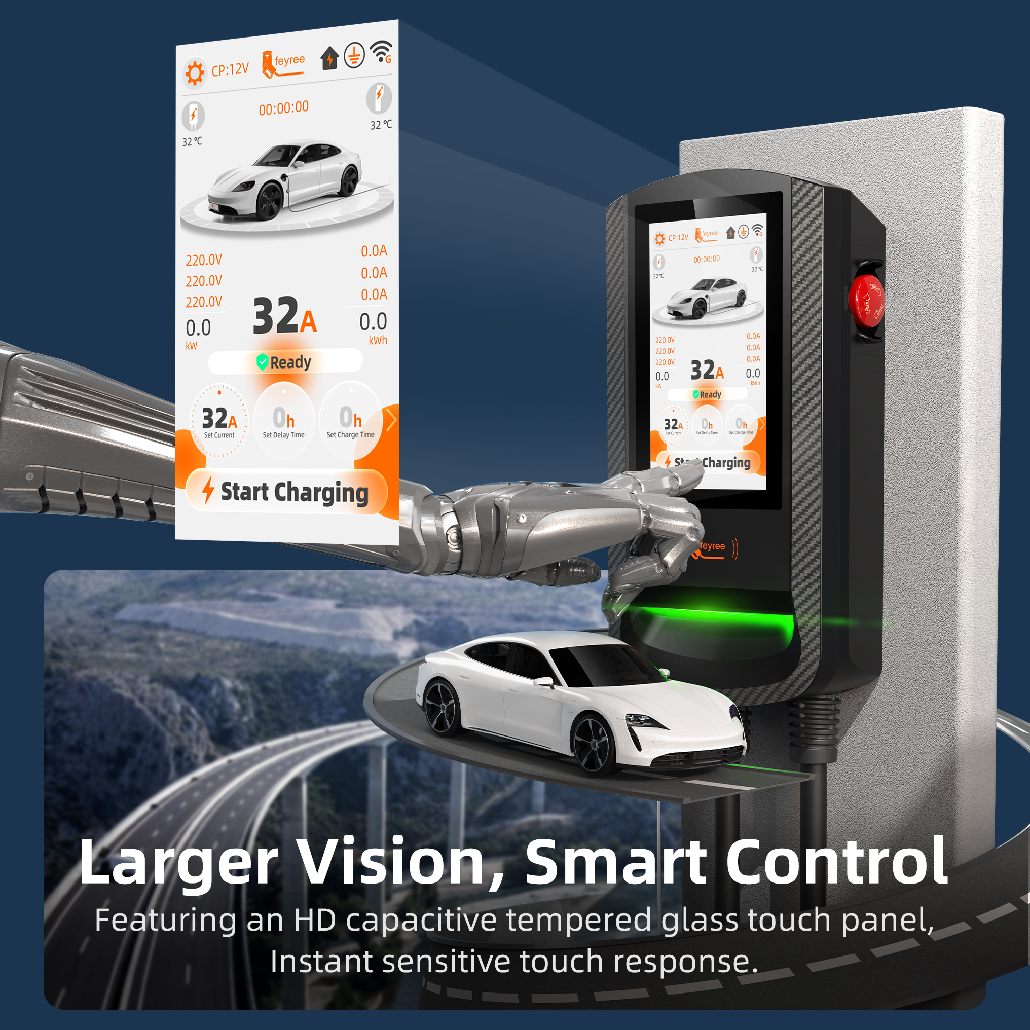 feyree Type 2 PV Solar DLB EV Charger 7/11/22KW Wallbox 7Inch Touch Screen APP Control OTA Upgrade Charging Log Home Wallbox