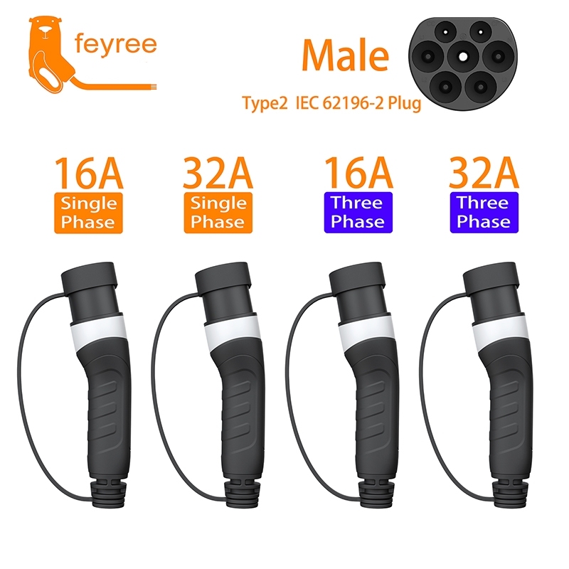 feyree EV Charger Type2 Male Plug for Power Supply Side 16A 32A 1 Phase IEC62196-2 Adapter 11KW 22KW Three Phase Electric Car-feyree