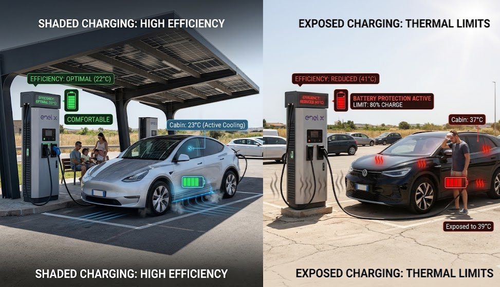 Comparison: un-preconditioned car overheating vs. pre-conditioned car at an EV charger.