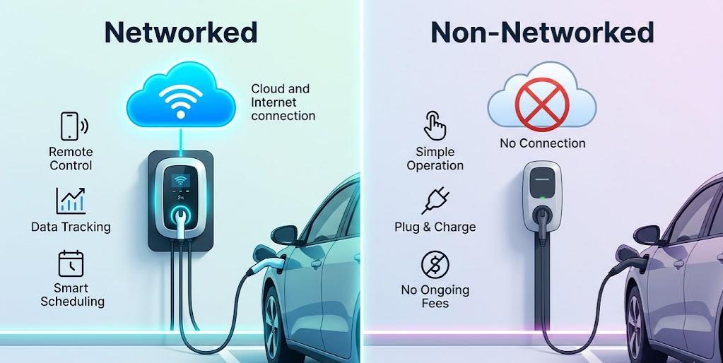 Split-screen visual showing a networked charger with a cloud icon vs a non-networked offline charger.