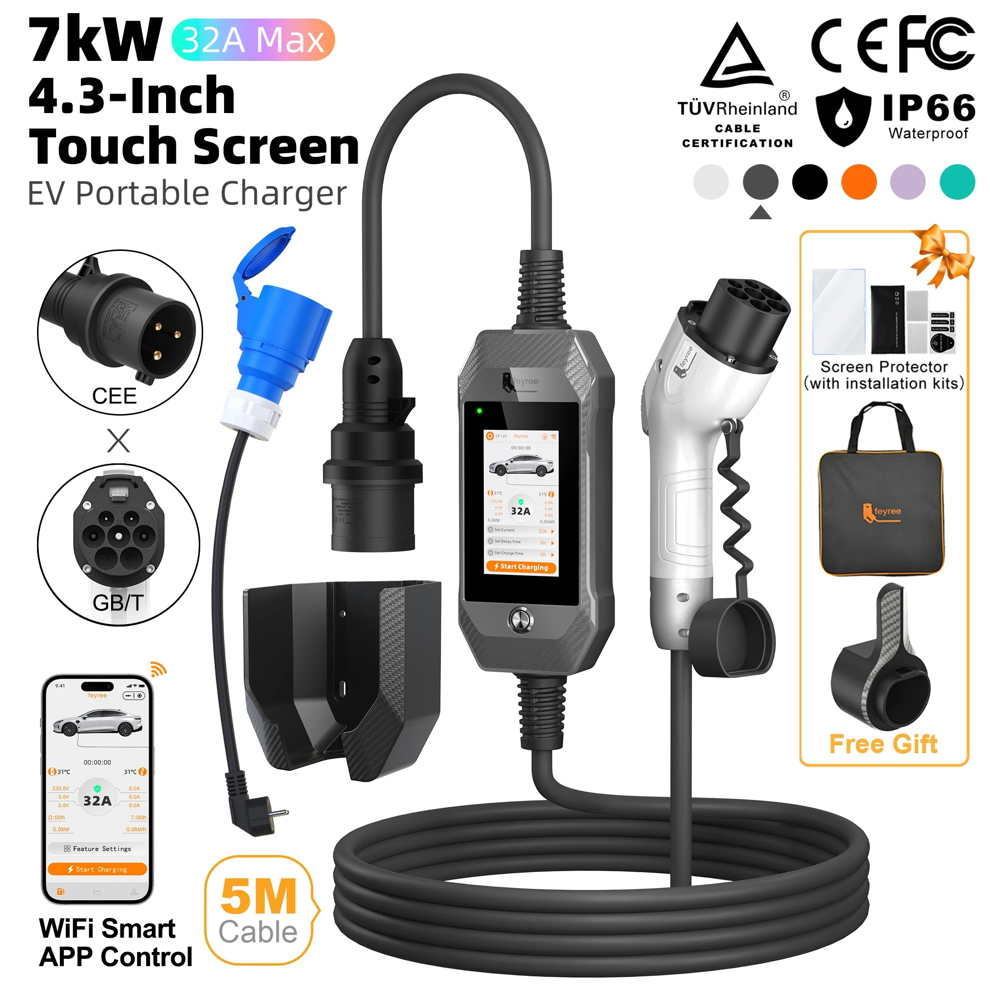 feyree GB/T EV Charger 7kW 32A 1P Touch Screen 4.3inch Smart WIFI APP Control EVSE Portable Charging Box forElectric Car Charger