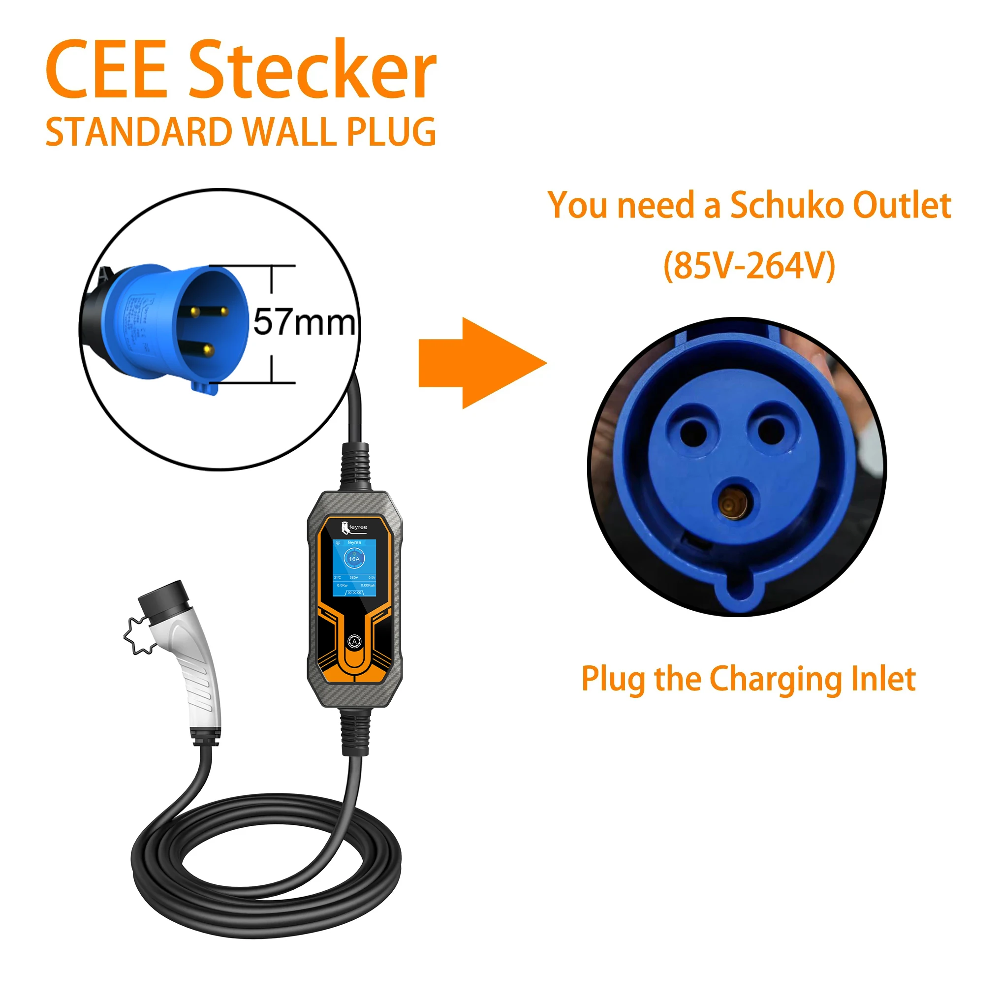 Portable EV charger with CEE plug showing adapter compatibility for Schuko outlets for versatile travel charging.