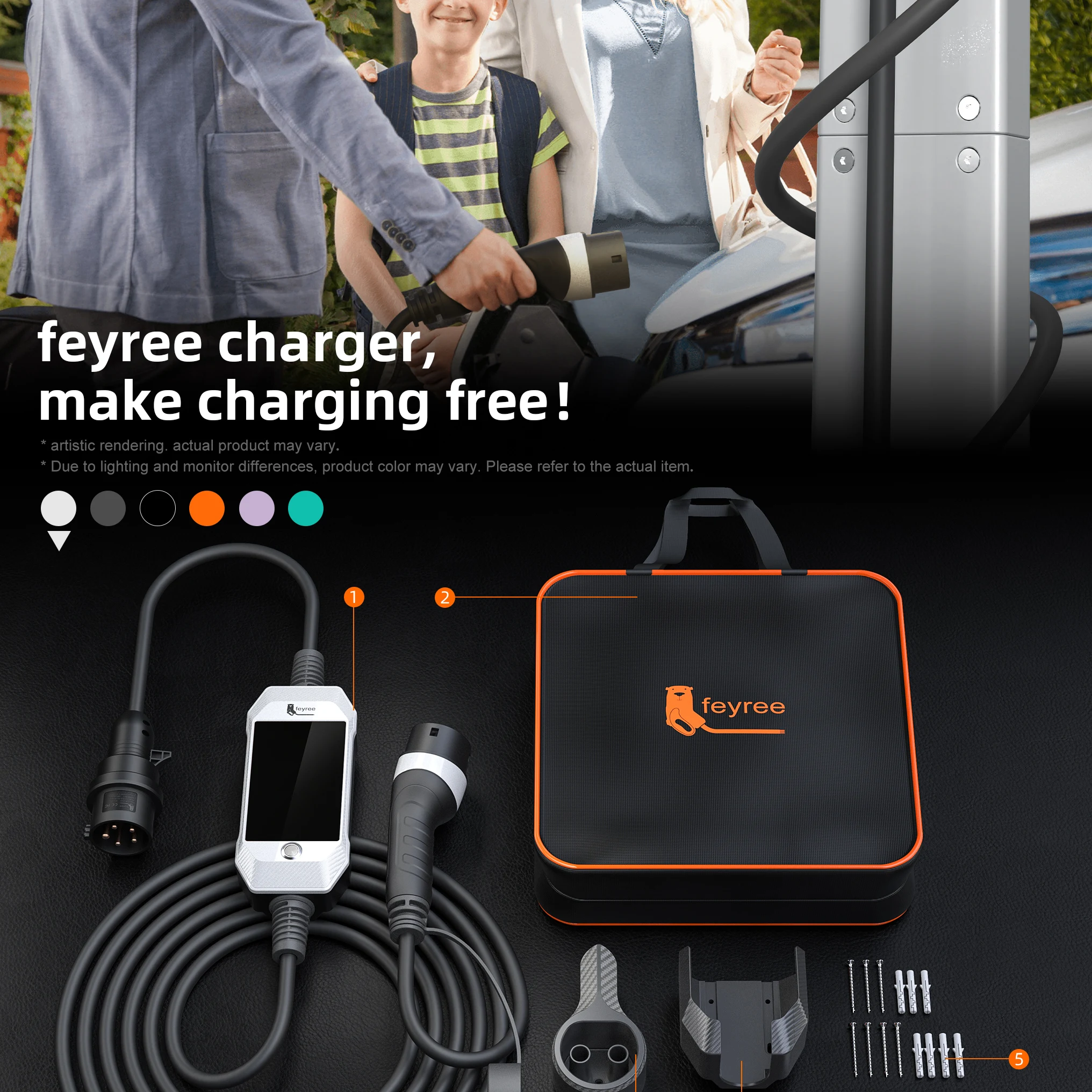 Portable EV charger kit with wall bracket, various accessories, and a carrying bag, available in multiple colors for convenient charging at home or traveling.