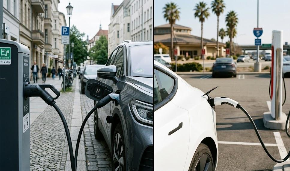 Realistic side-by-side of a European city CCS2 charger and a North American highway NACS charger.