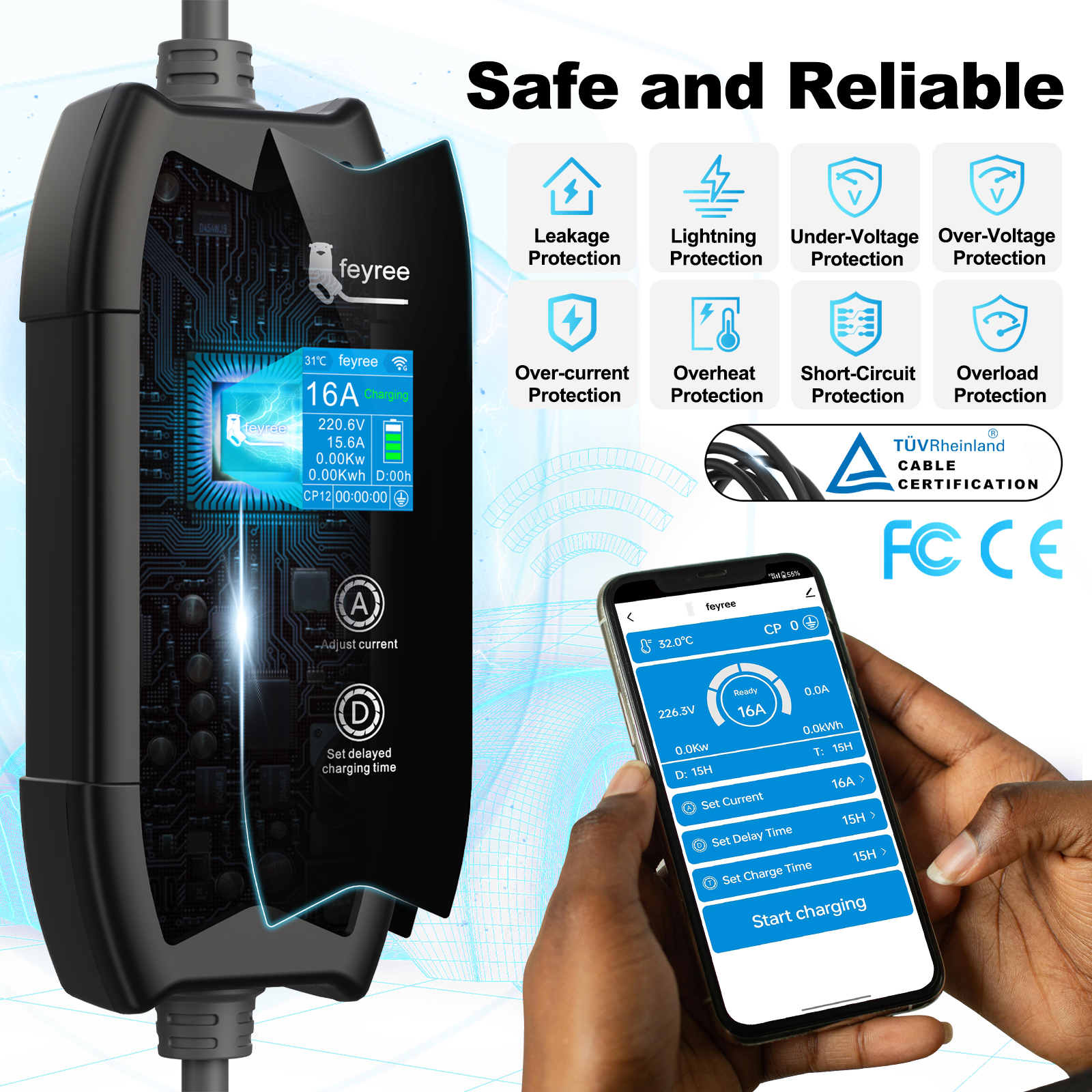 
Electric vehicle charging cable and smart app displaying multiple safety features including leakage, lightning, and over-voltage protection.
