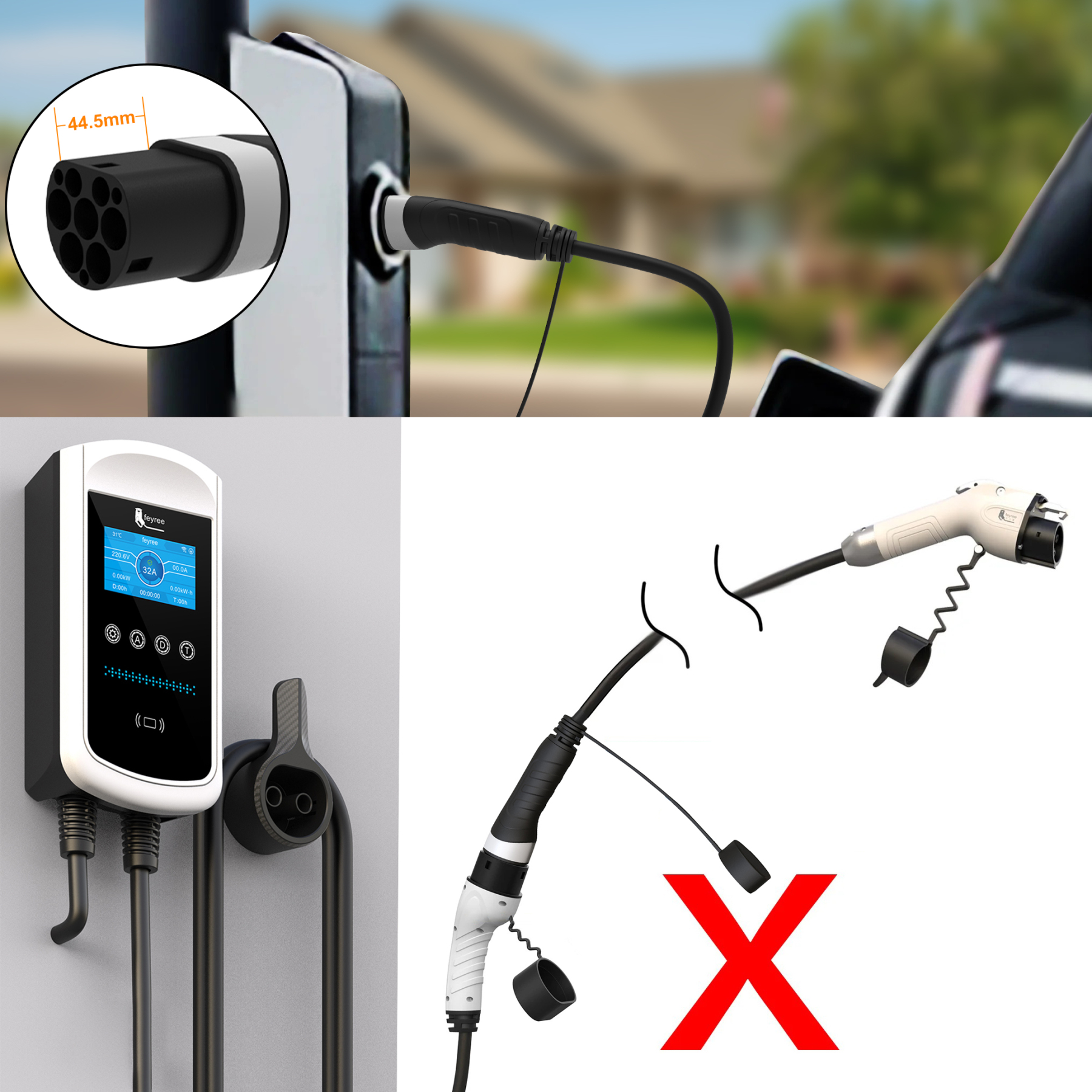 feyree EV Charging Cable J1772 Type1 to Type2 Female to Male Plug 32A 16A 5m Cable Electric Vehicle Cord for Car Charger Station