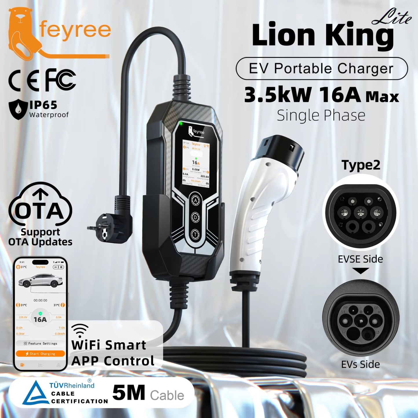 Feyree 3.5kW Portable EV Charger Type 2/Type 1/ GBT/ TS-NACS Plug Smart WIFI APP Control Charging Log & OTA Upgrade with Triple Over-temp protection