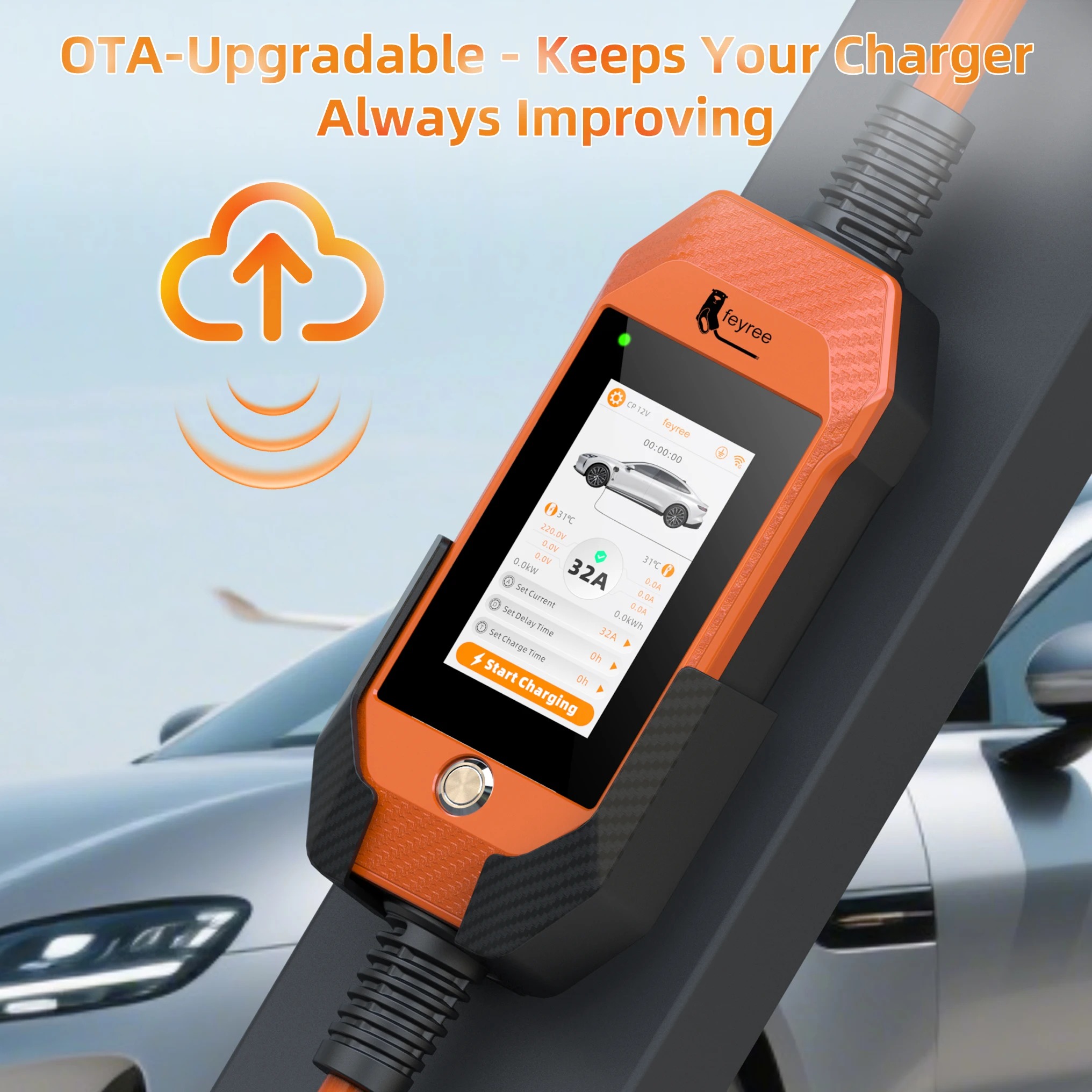 feyree 4.3Inch Touch Screen EV Charger 7kW 32A 1Phase TS-NACS Socket Smart WIFI APP Control EVSE Portable Box for Tesla EV Cars