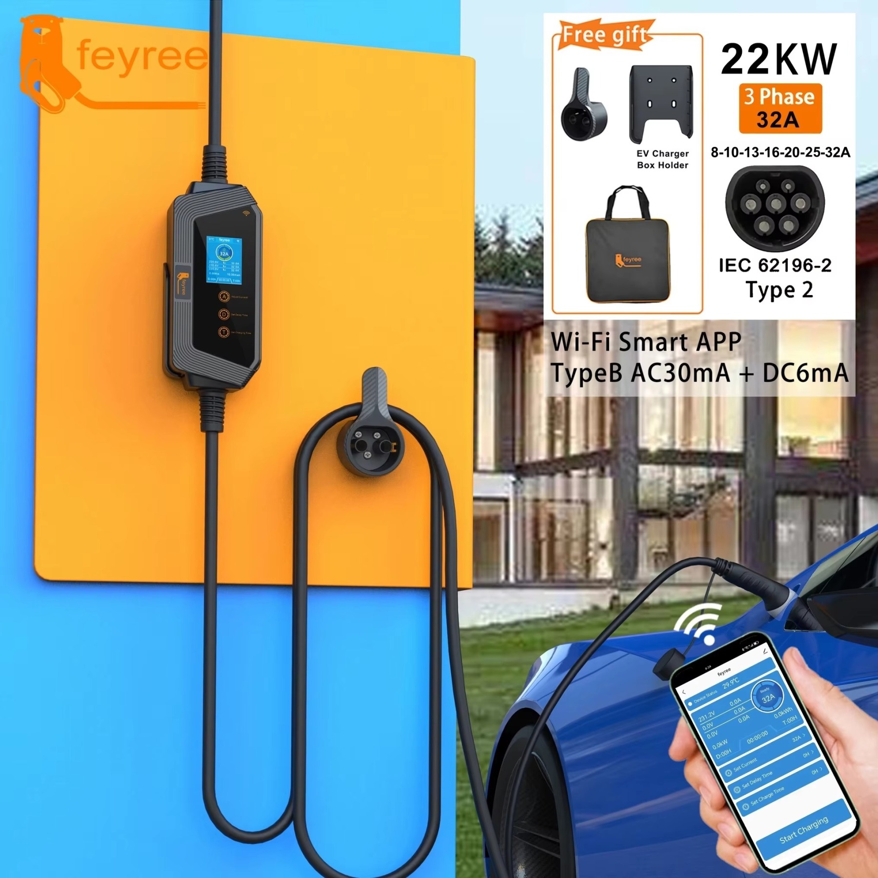 
A 22kW, 3-phase electric vehicle charger with a Type 2 connector, smart app control, and a free wall mount holder and carrying bag.