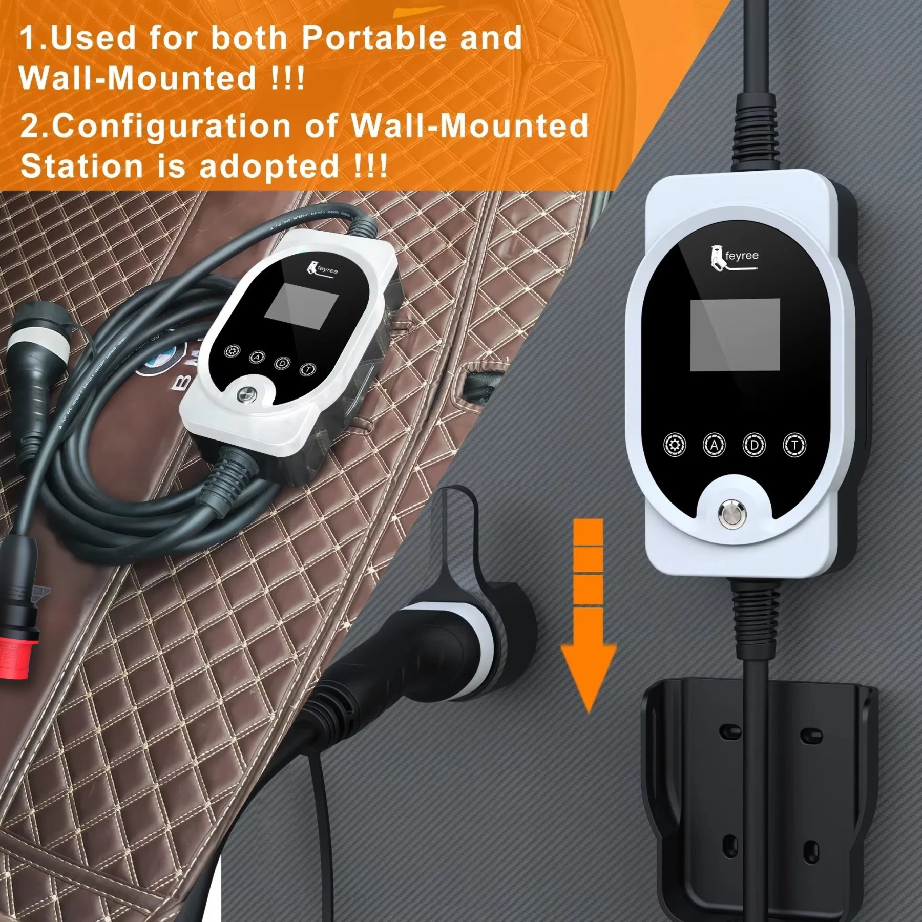
Image showing an electric vehicle charger that can be used as both a portable charger and a wall-mounted unit.