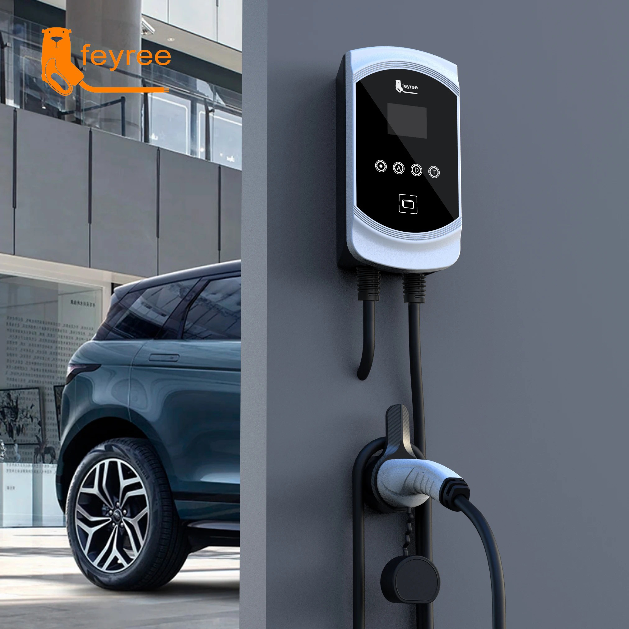 feyree EV Charger Type2 32A EVSE Wallbox with IEC62196-2 Adapter 7.6KW Wallmount Charging Station 5m Cable for Electric Vehicle