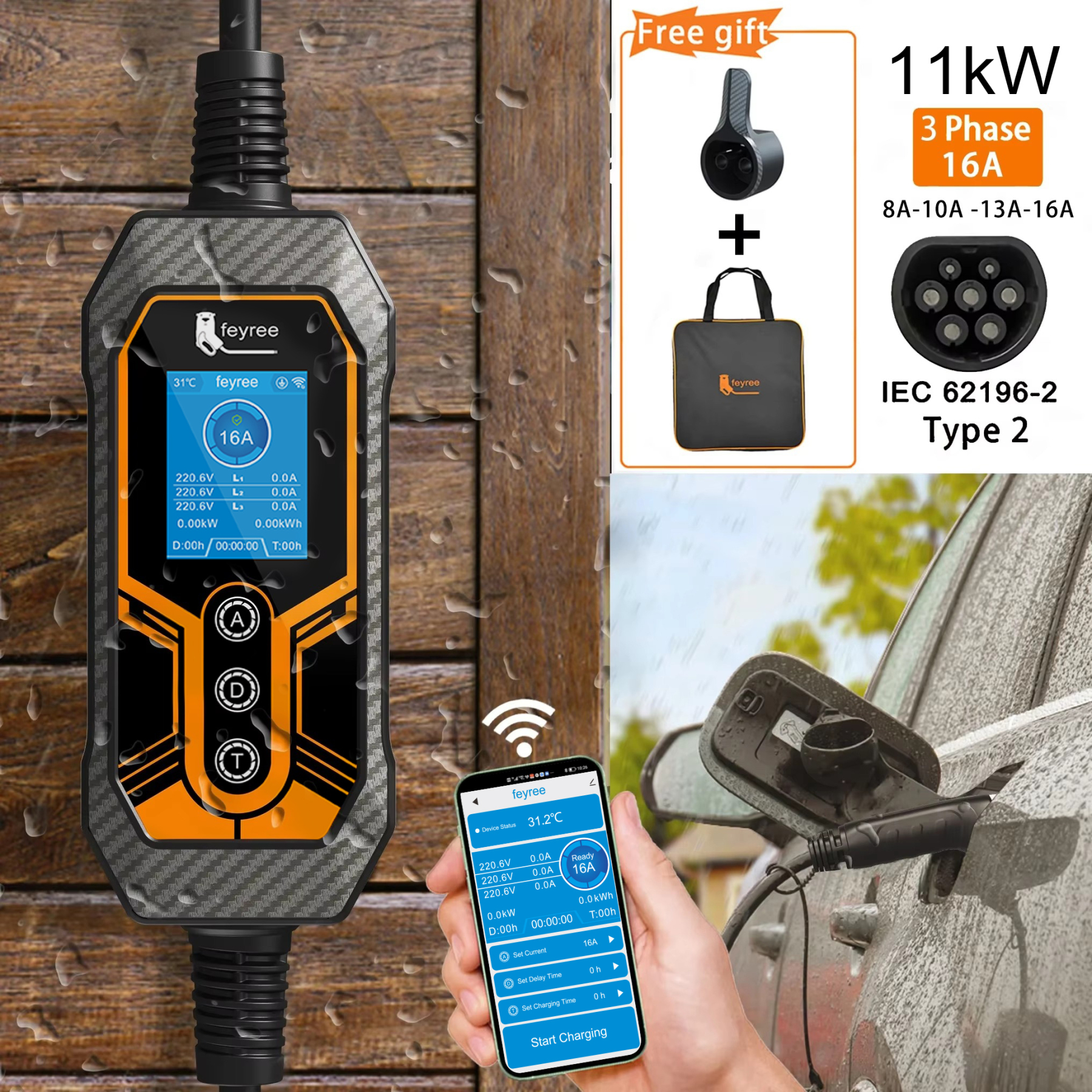 
Weatherproof portable EV charger for reliable outdoor use. This 11kW, 3-phase unit features Wi-Fi and App control for remote monitoring. The image shows the charger being used in the rain, highlighting its durable design, and also shows the included charger holder and carrying bag.