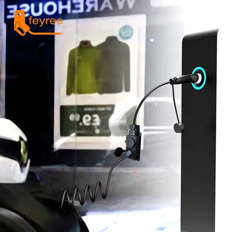 Feeyree portable EV charger with coiled cable, ensuring safe and compact charging for electric scooters or vehicles.