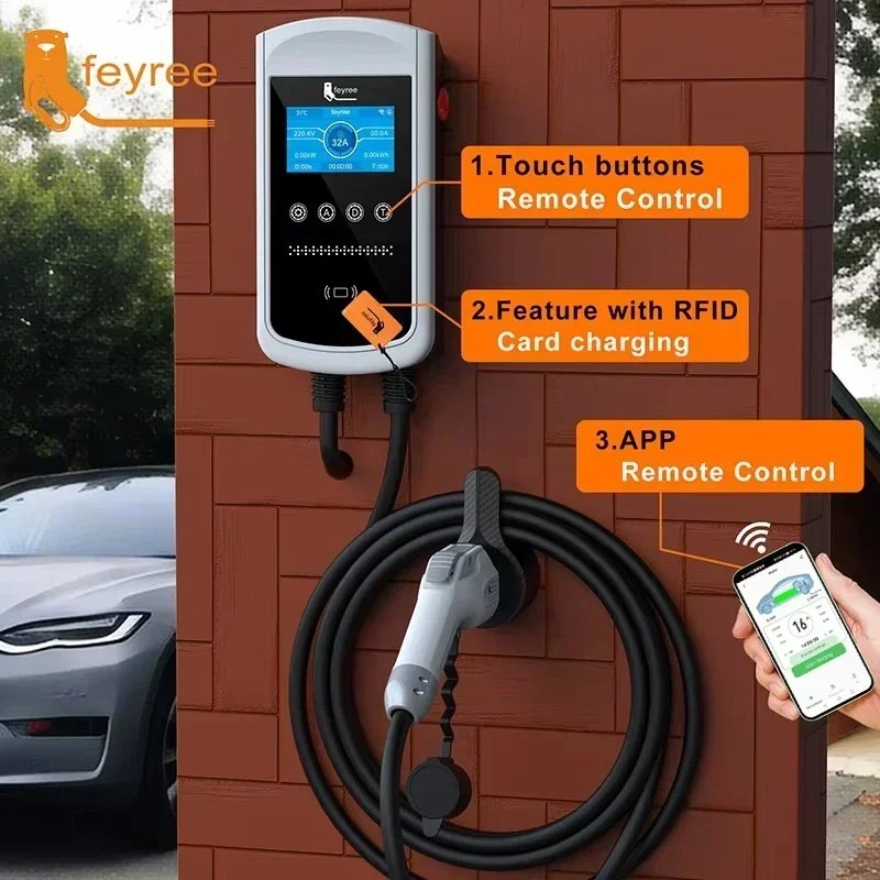 feyree Type1 EV Charging Station 7KW 9.6KW 12KW With APP Control 4.3″ Screen