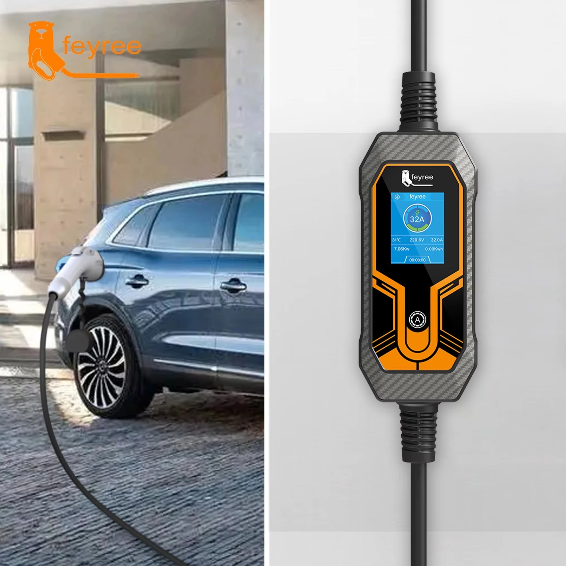 Portable EV charger with adjustable current from 8A to 32A. The product includes a holder and storage bag.