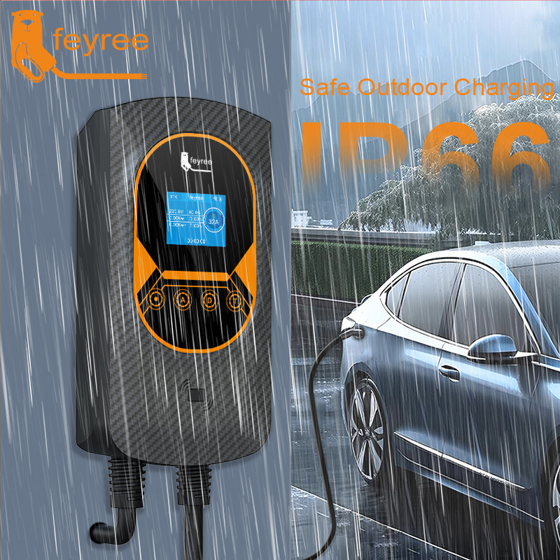 feyree EV Charger Type2 32A EVSE Wallbox with IEC62196-2 Adapter 7.6KW Wallmount Charging Station 5m Cable for Electric Vehicle