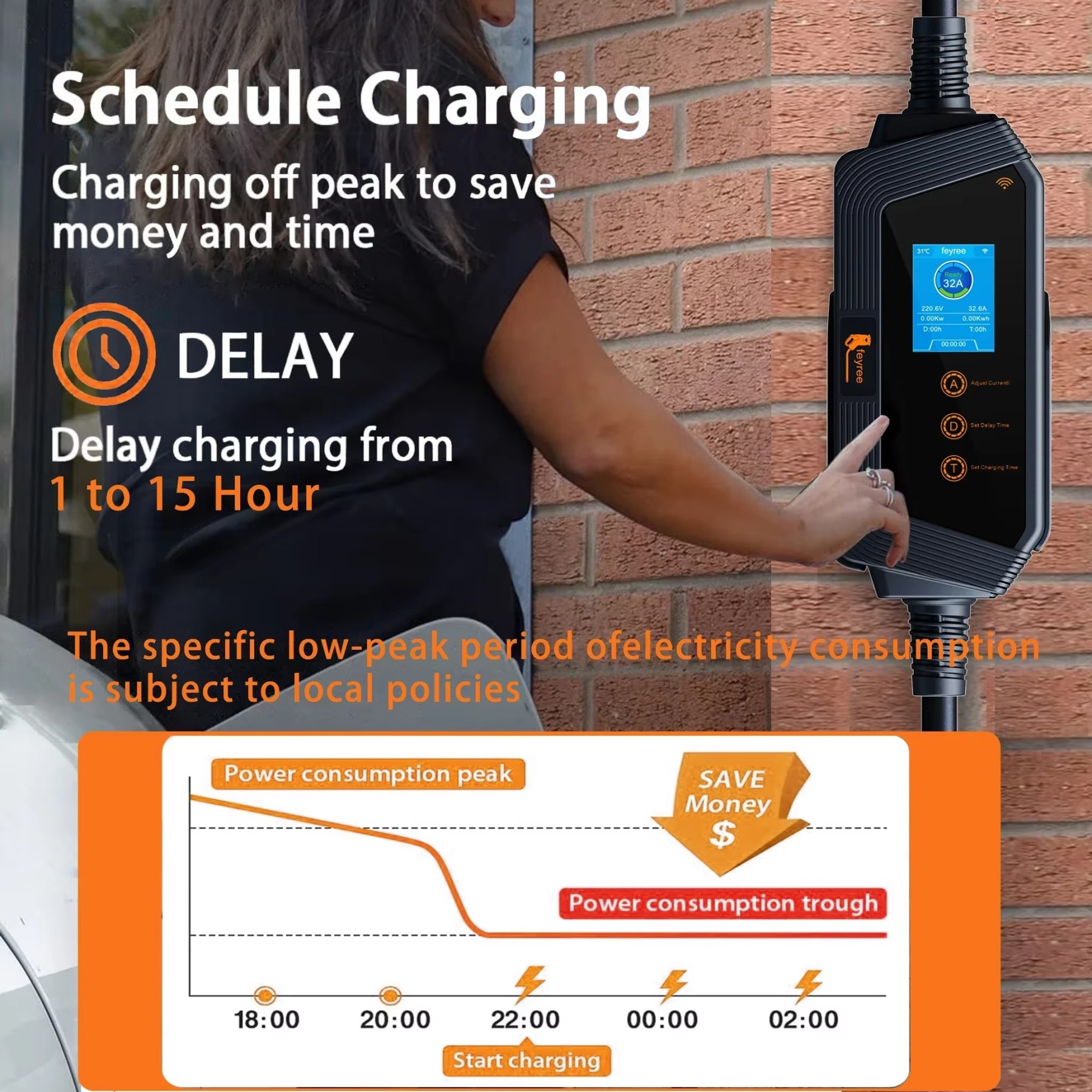 Portable EV charger's buttons allow for current adjustment and setting a charging schedule for smart use.