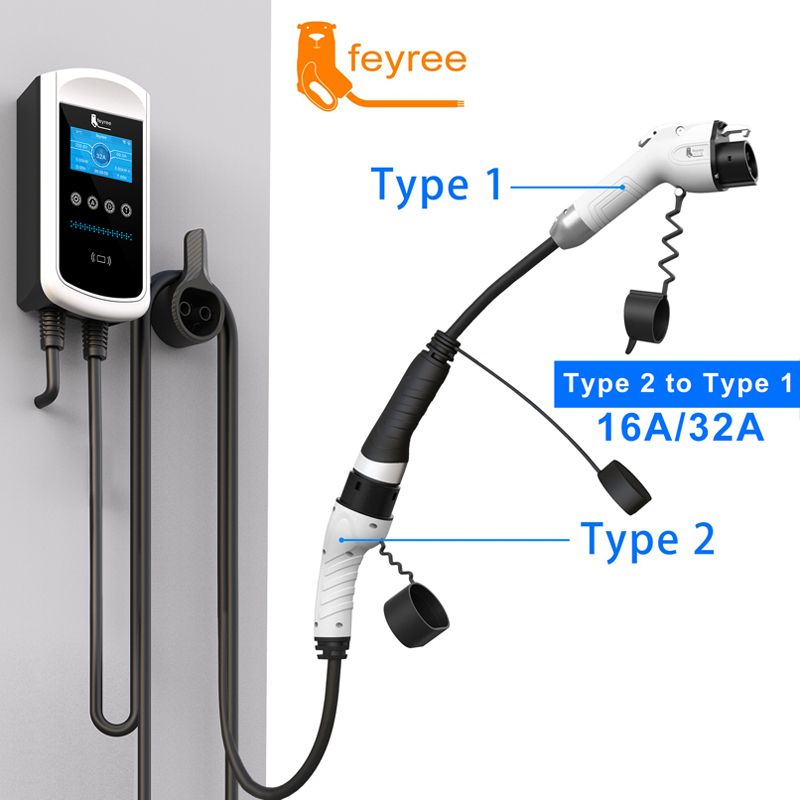 Adapter cable converting a Type 2 charging gun to a Type 1 port, with 16A/32A support for reliable and versatile EV charging.
