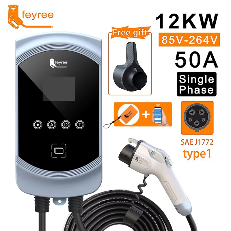 feyree EV Charger Type1 Cable j1772 Socket 32A 40A 50A Single Phase EVSE Wallbox Charging Station APP Control for Electric Car