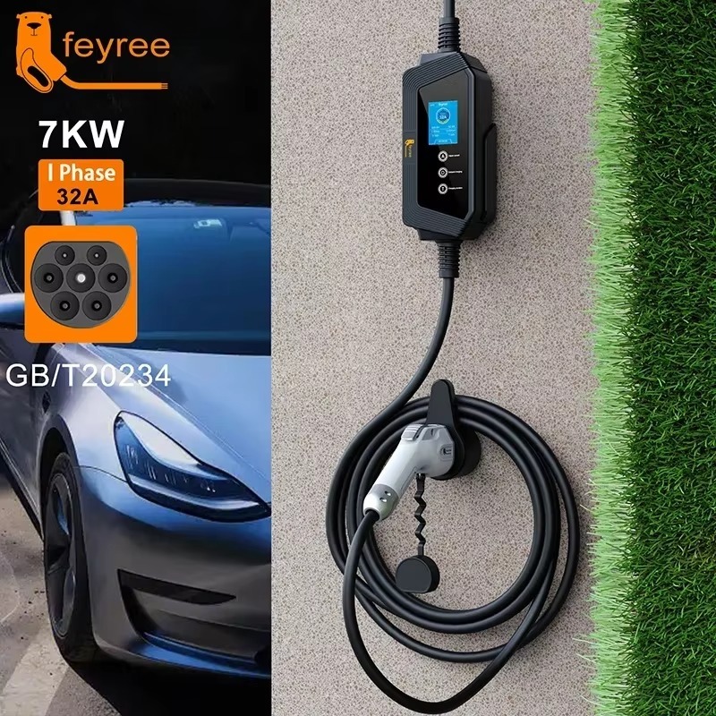 feyree GB/T EV Charger Portable 7KW 32A 1Phase Charger 5M Cable with CEE Plug for Electric Vehicle Car Charger EVSE Charging Box
