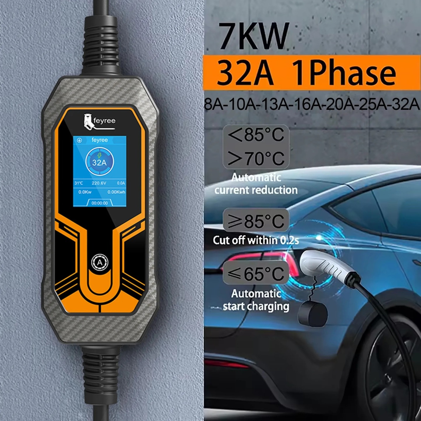 feyree 7KW EV Portable Charger 32A 7KW Type2 5M Cable EVSE Charging Box Car Charger CEE Plug for Electric Vehicle