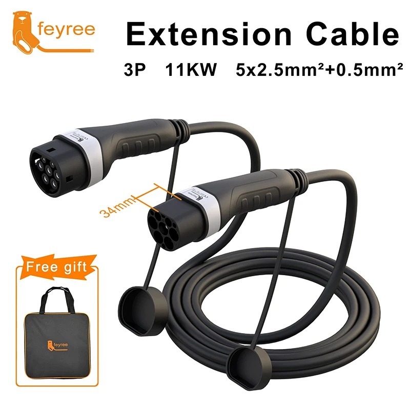feyree EV Charging Cable 16A/32A 4kW/8kW/11kW/22kW Electric Vehicle Cord 5M Type 2 EVSE Charging Station Female to Male Plug-feyree