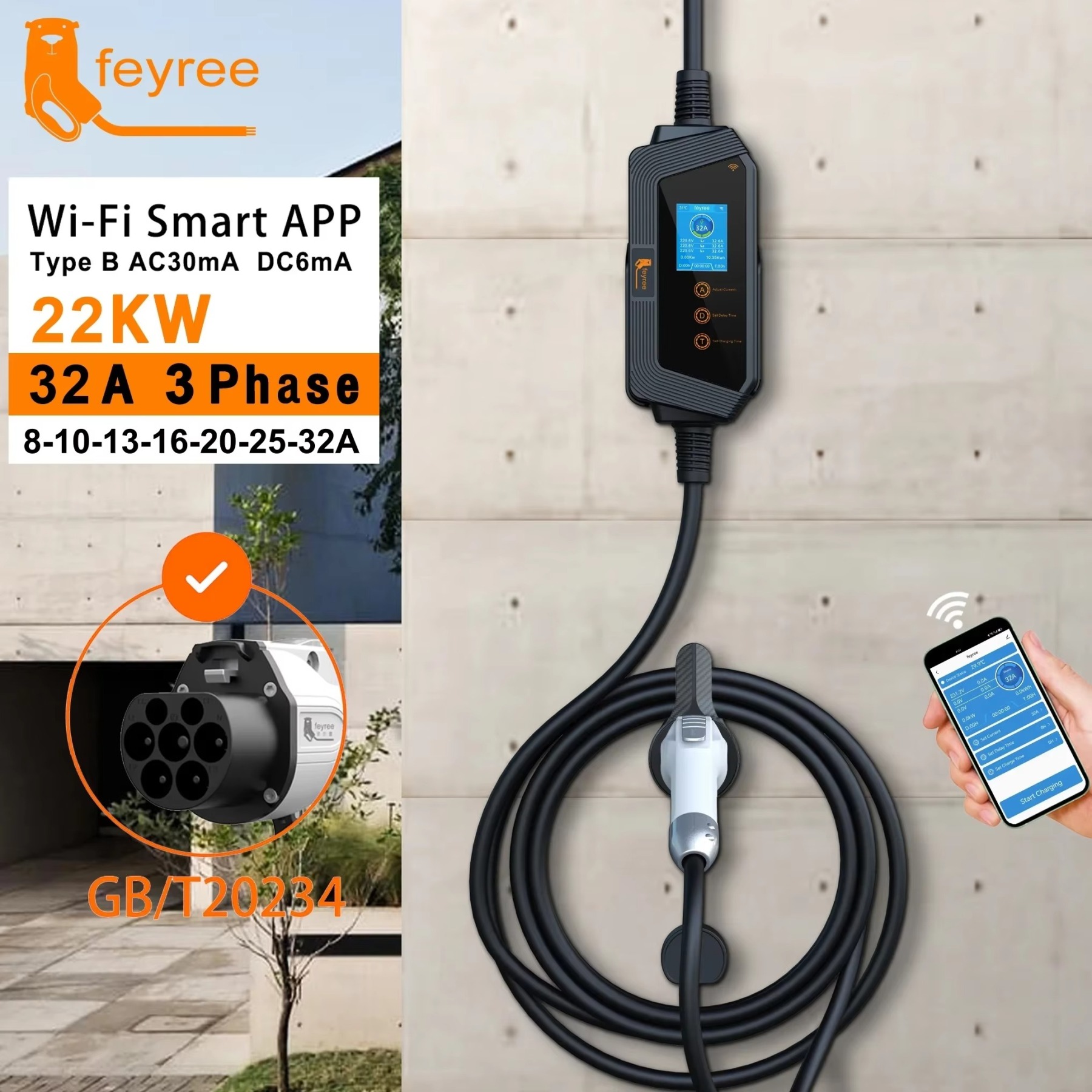 Portable EV charger with 22kW, 3-phase, 32A power and a GB/T20234 connector, featuring Wi-Fi app control.