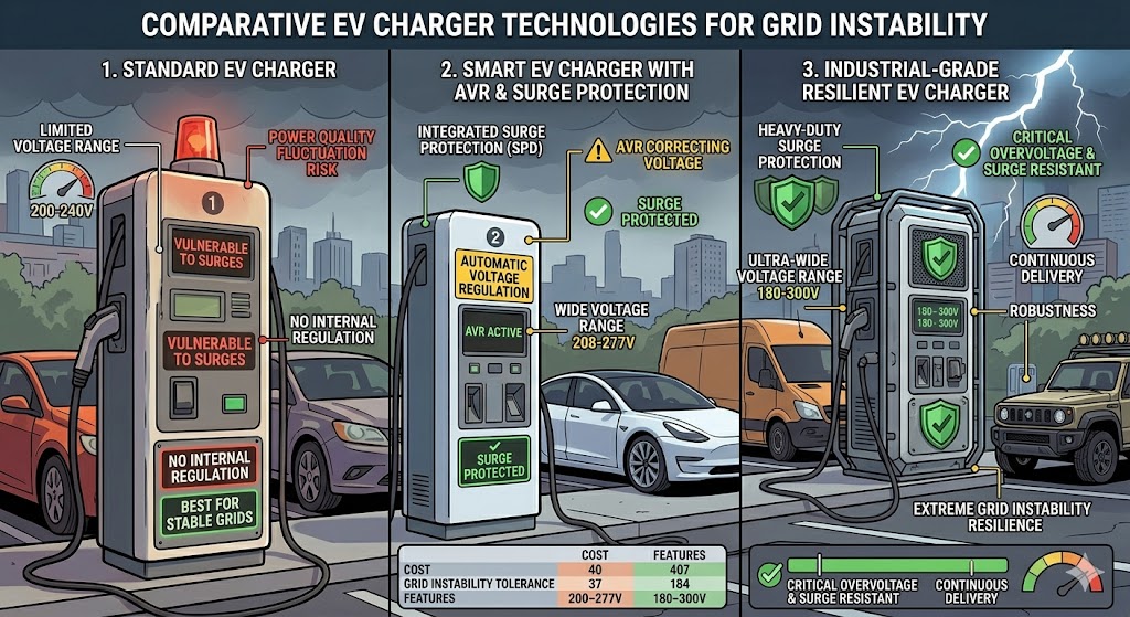 Comparing standard, smart, and industrial EV chargers, focusing on resilience features for grid instability.