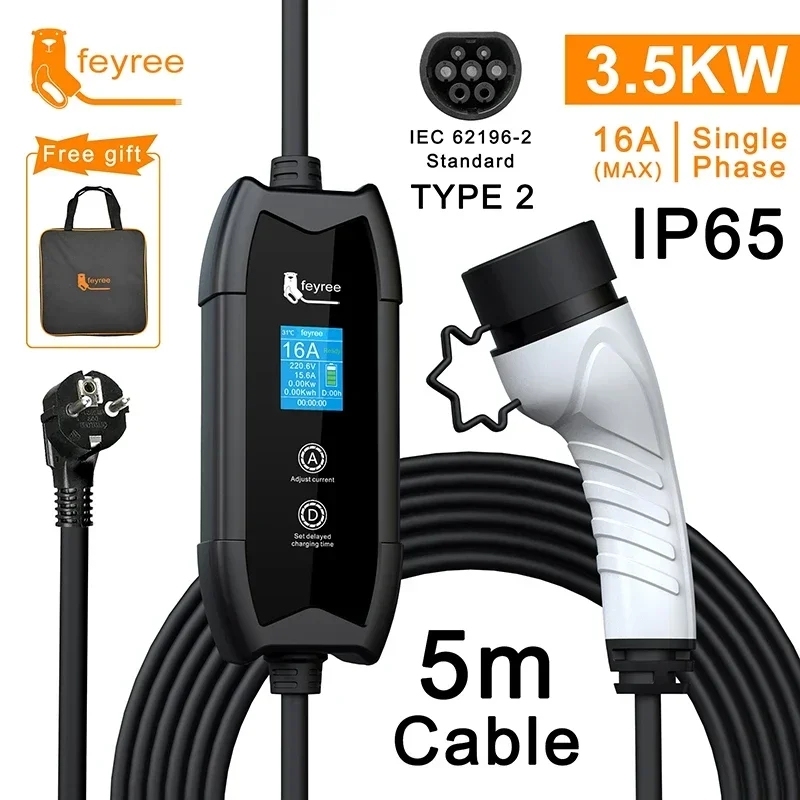 
Portable EV charger kit for 7kW 1-phase power. The package includes a Type 2 cable, an industrial plug, and a charger holder with a carrying bag, providing a complete solution for convenient and mobile electric vehicle charging.