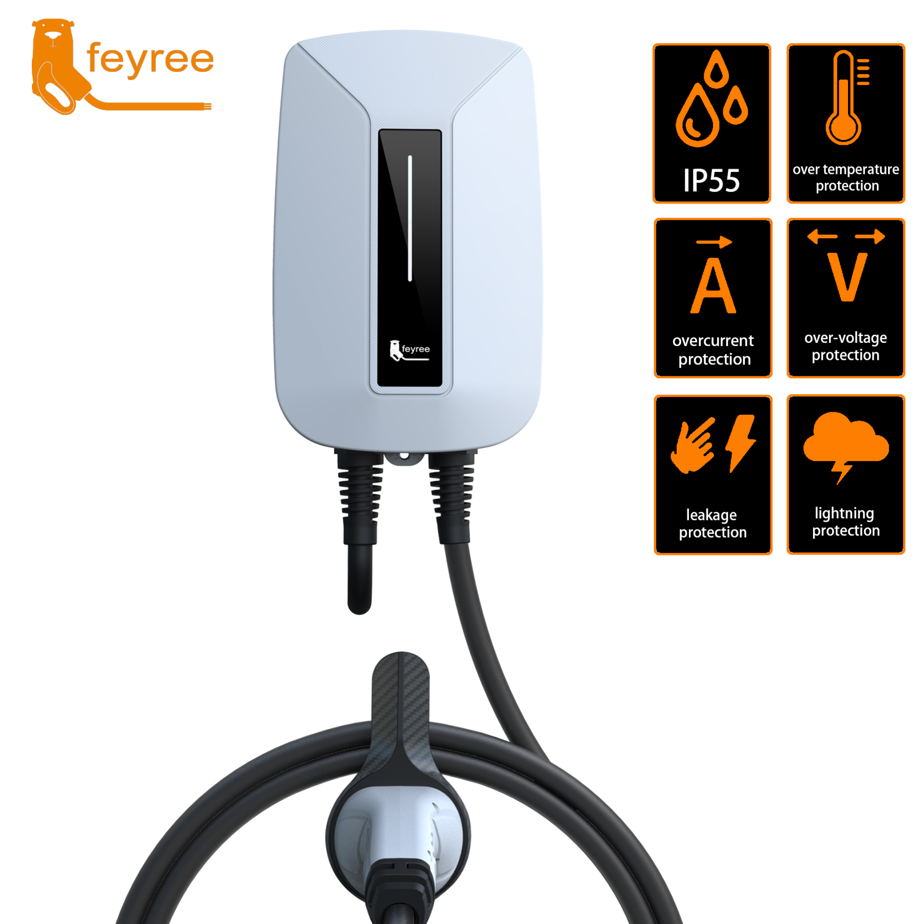 feyree EV Charger Type2 Plug EVSE Wallbox 32A 7KW IEC62196-2 Socket 1 Phase 5m Cable Wallmount Charging Station for Electric Car-feyree