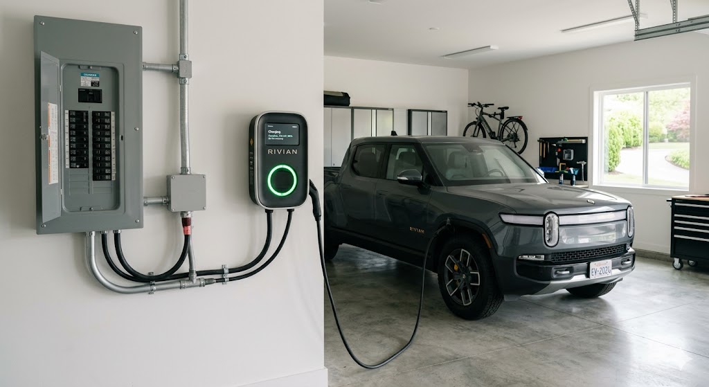 Modern garage with a grey electric truck charging via a wall-mounted Level 2 charger and visible circuit panel.