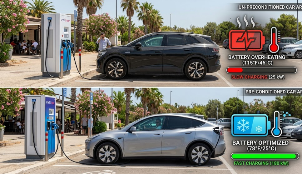 Two EVs charging side-by-side: shaded for efficiency vs. exposed, showing thermal limits.