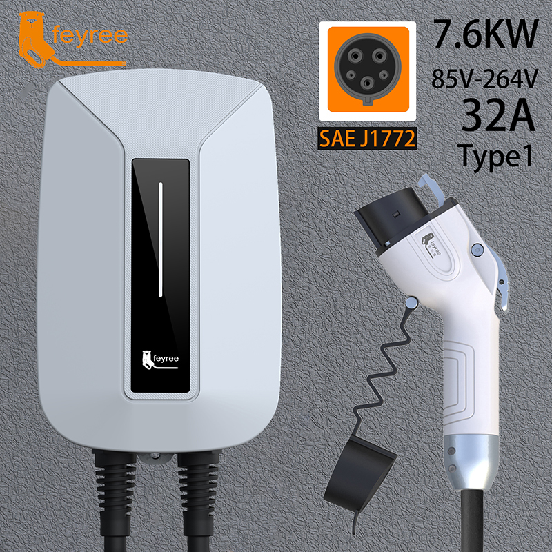 feyree EV Charger Type2 Plug EVSE Wallbox 32A 7KW IEC62196-2 Socket 1 Phase 5m Cable Wallmount Charging Station for Electric Car-feyree