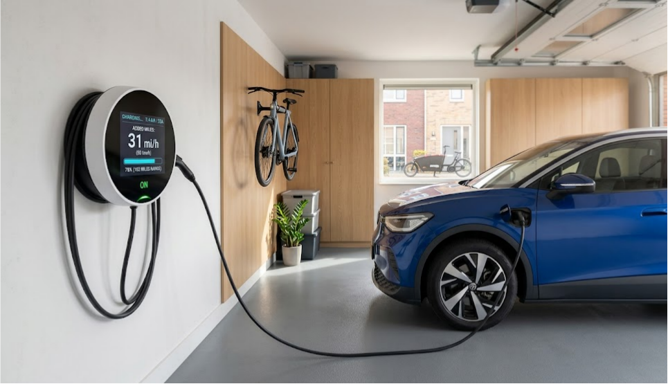 A sleek, modern garage featuring an EV charging at 31 mi/h via a wall-mounted Level 2 smart charger.