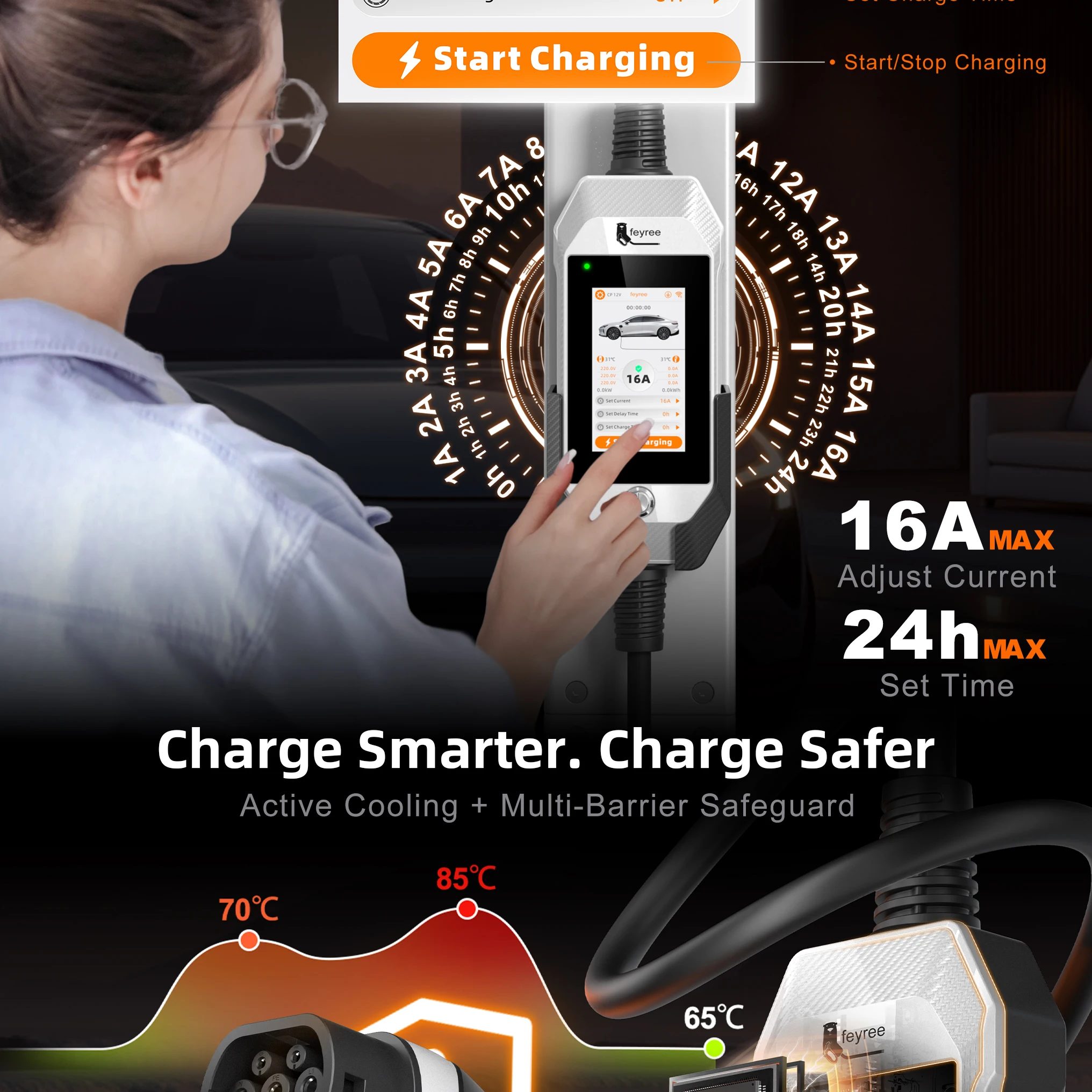 Woman adjusting the portable EV charger current (16A max) and time (24h max) on the screen for smarter, safer charging with active cooling.