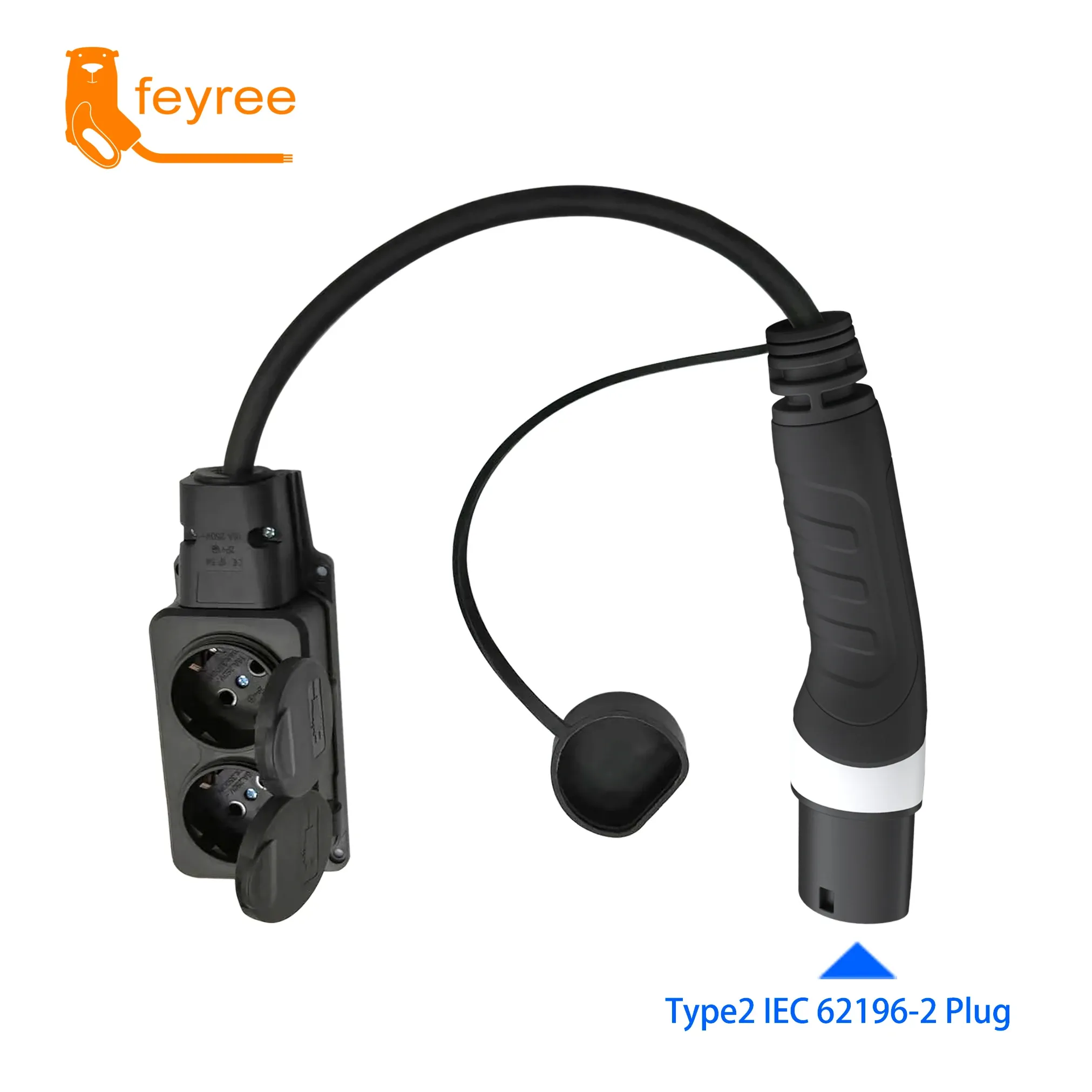 Portable EV charging adapter with Type 2 IEC 62196-2 plug connecting to a durable Schuko household socket for flexible travel charging.